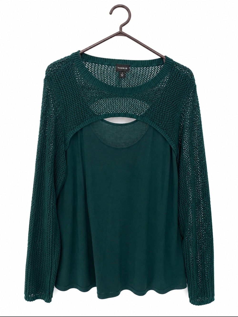 torrid Teal Open-Knit Layered-Look Crewneck Sweater - Picture 2 of 2